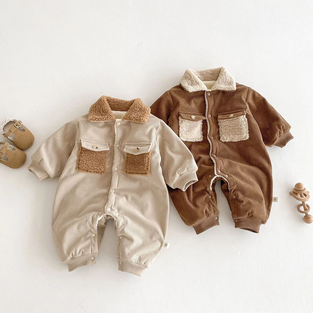 MILANCEL 0-2Y Baby Rompers Corduroy Fur Rompers Turn Down Collar Boys Jumpsuits Infant Clothing Warm Outfit