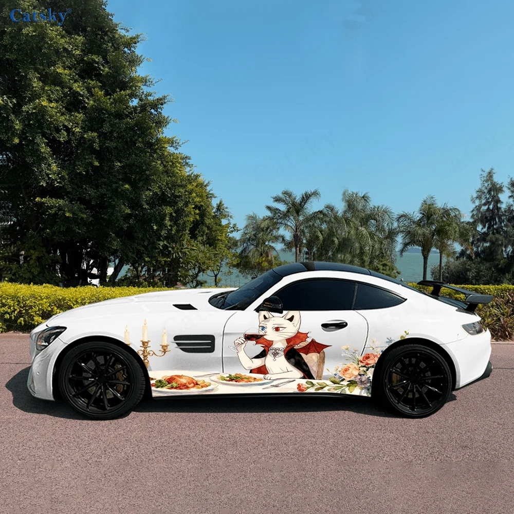 

Виниловая наклейка с изображением кота вампира, красного вина, ужина, автомобиля, самоклеящаяся наклейка из ПВХ, подходит для грузовиков, внедорожников, декора, автоаксессуары, подарок