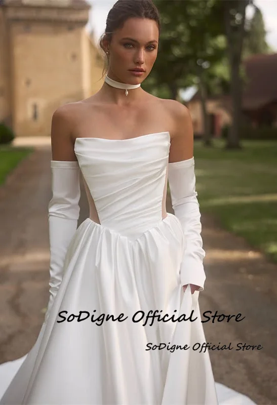  SoDigne A-line Satin Wedding Dresses Strapless Detachable Sleeves Bridal Dress 2026 Bride Gown vestidos de novia Customized