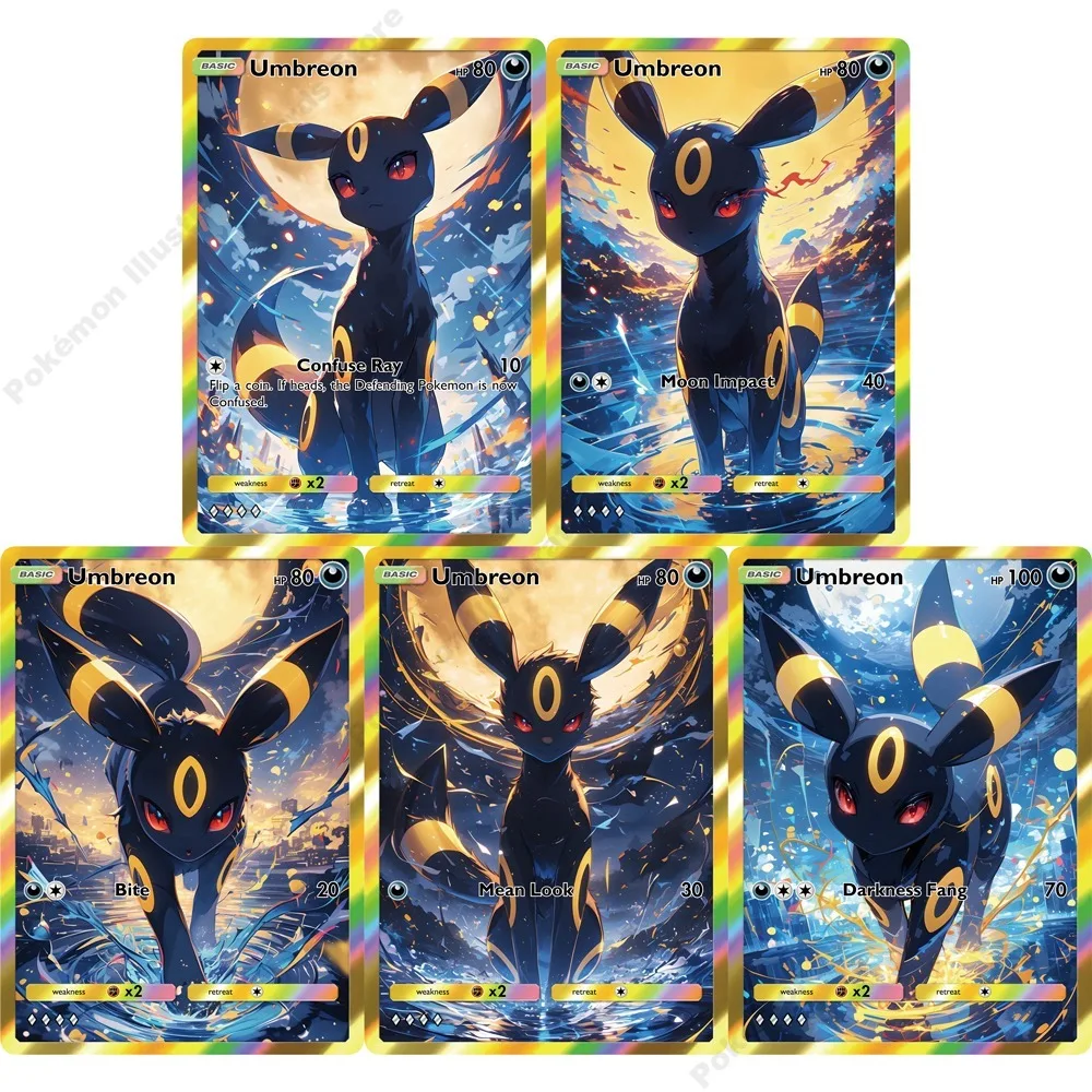 5 Tarjetas Pokémon Umbreon Raras Holográficas con Efecto Flash, Tarjetas Creativas PTCG, Colección de Anime, Juego de Batalla Pokémon, Regalo