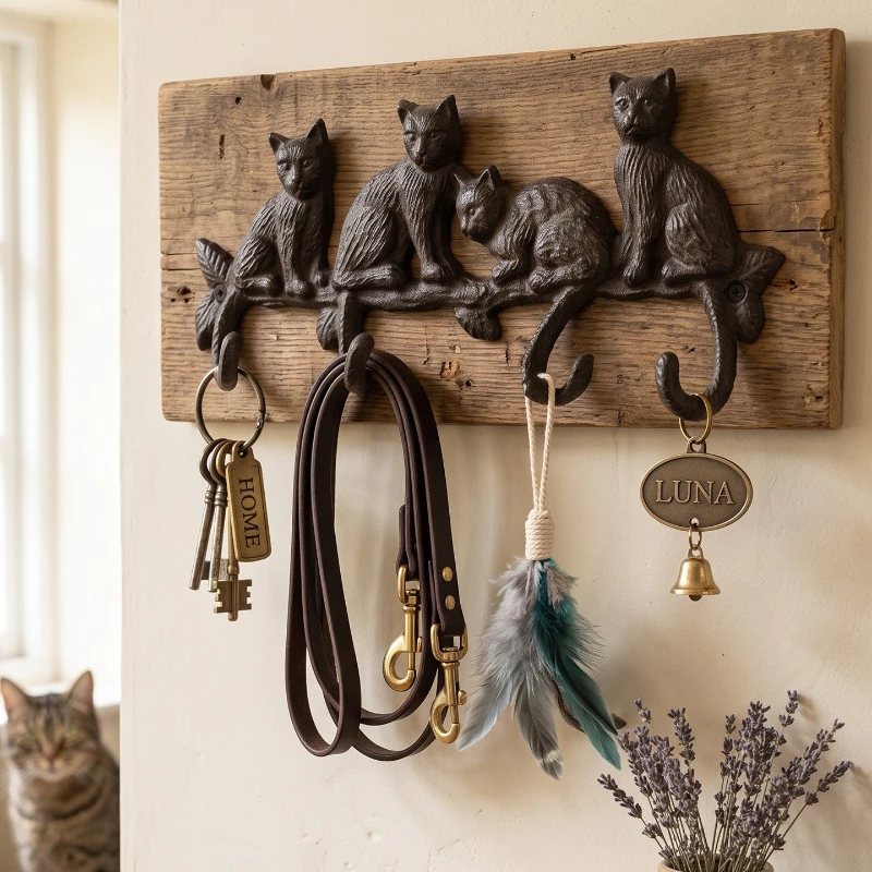 Nordic Vintage Cast Iron Cat Wall Hook Wall‑Mounted Coat Hat Hanger Rustic Animal Hook for Garden CourtyardHome Wall Decor