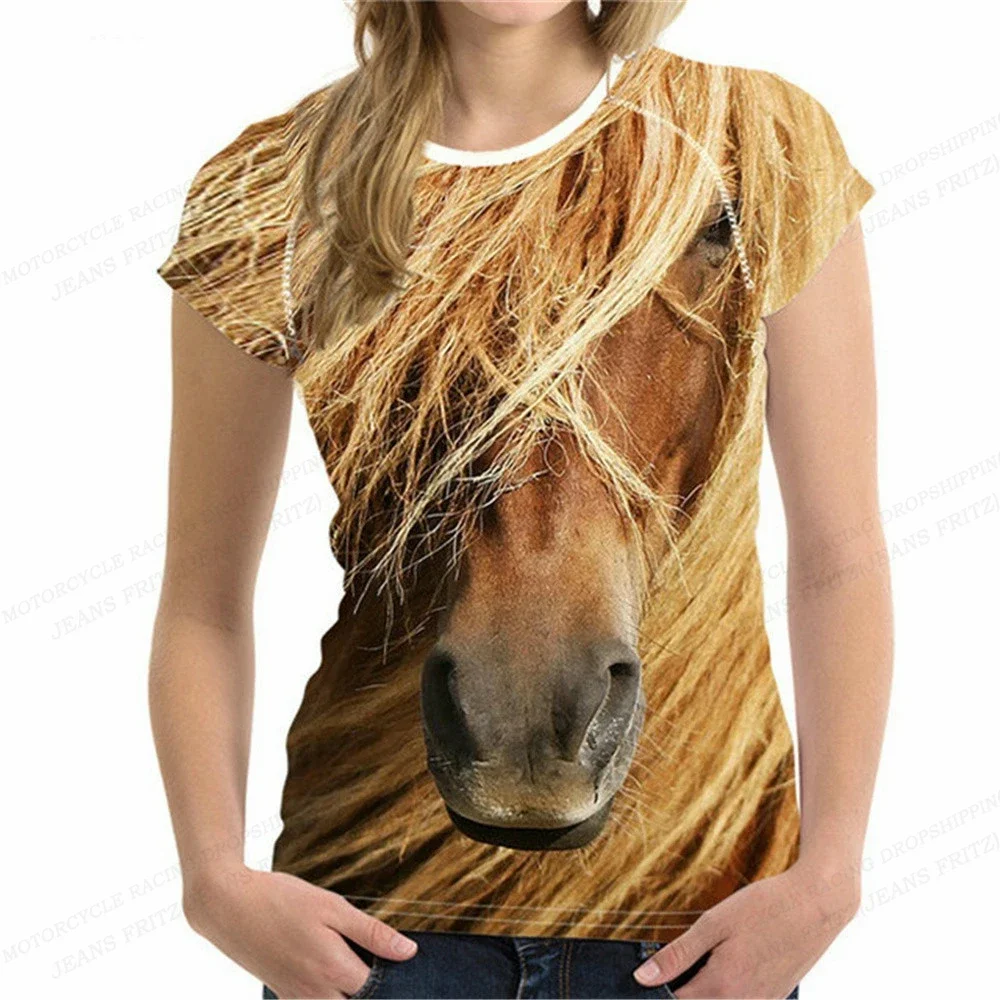 Camiseta con estampado 3d de caballo para mujer, Top de manga corta con cuello redondo de gran tamaño, ropa de animales para niña