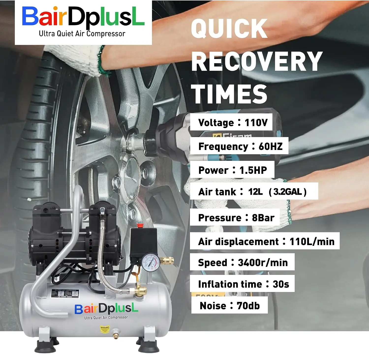 BairDplusL 3.2 Gallon Ultra Quiet Air Compressor 110V/60Hz 1.5HP 8.8CFM, MAX 115PSI Steel Tanks Oil-Free 70dB Noise Level