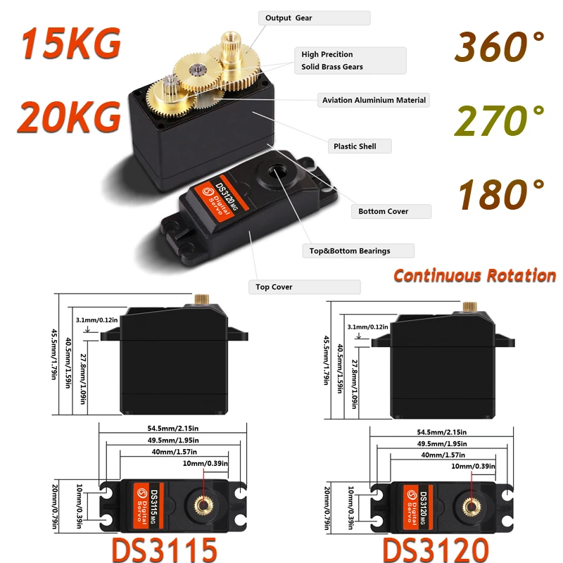 

15KG 20KG Servo 360/270/180 degree Continuous Rotation Servo DS3115 DS3120 arduino servo Digital servo for RC Car Robot Boat