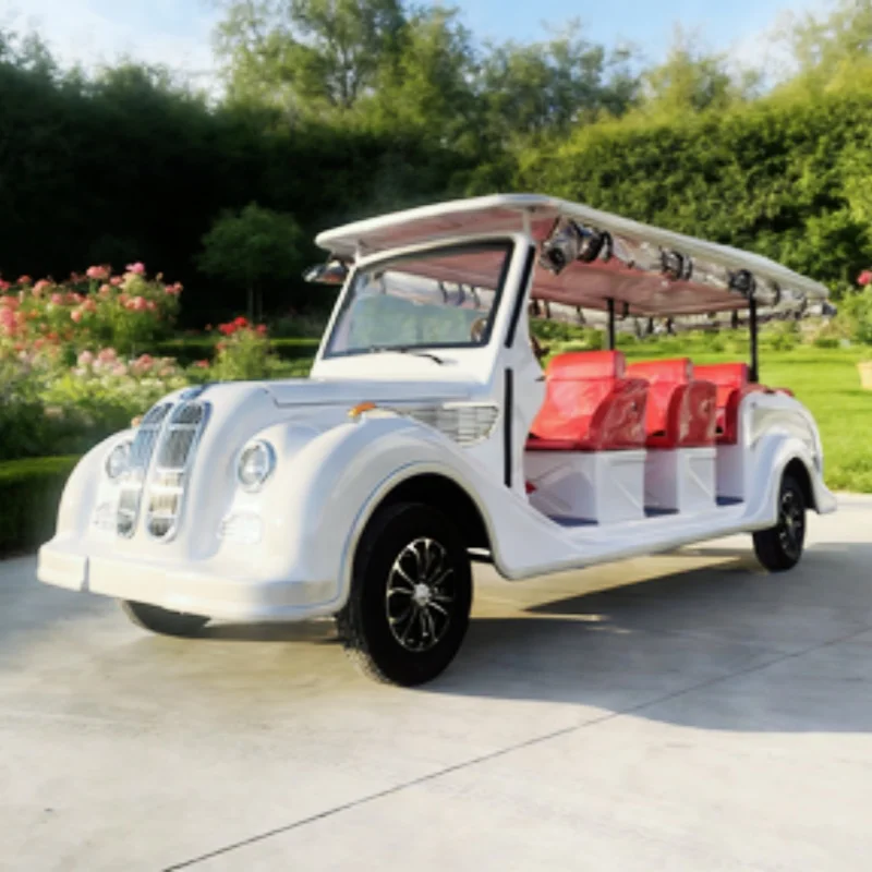 

Electric Classic Car Vintage Cart Sightseeing Bus Four Rows Of Seats 11 Passengers With Red Upholstered Seat Rapid Delivery
