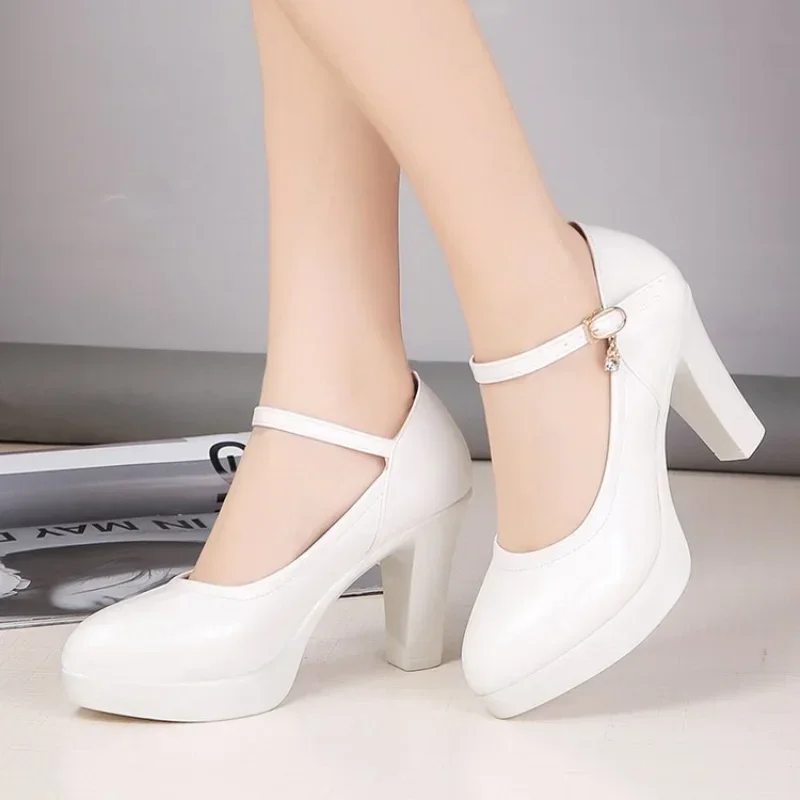 Comemore White Wedding Shoes Pumps Platform High Heels Women Ankle Strap Ladies Party Dance Shoe 2023 Elegant Block Heel Pumps