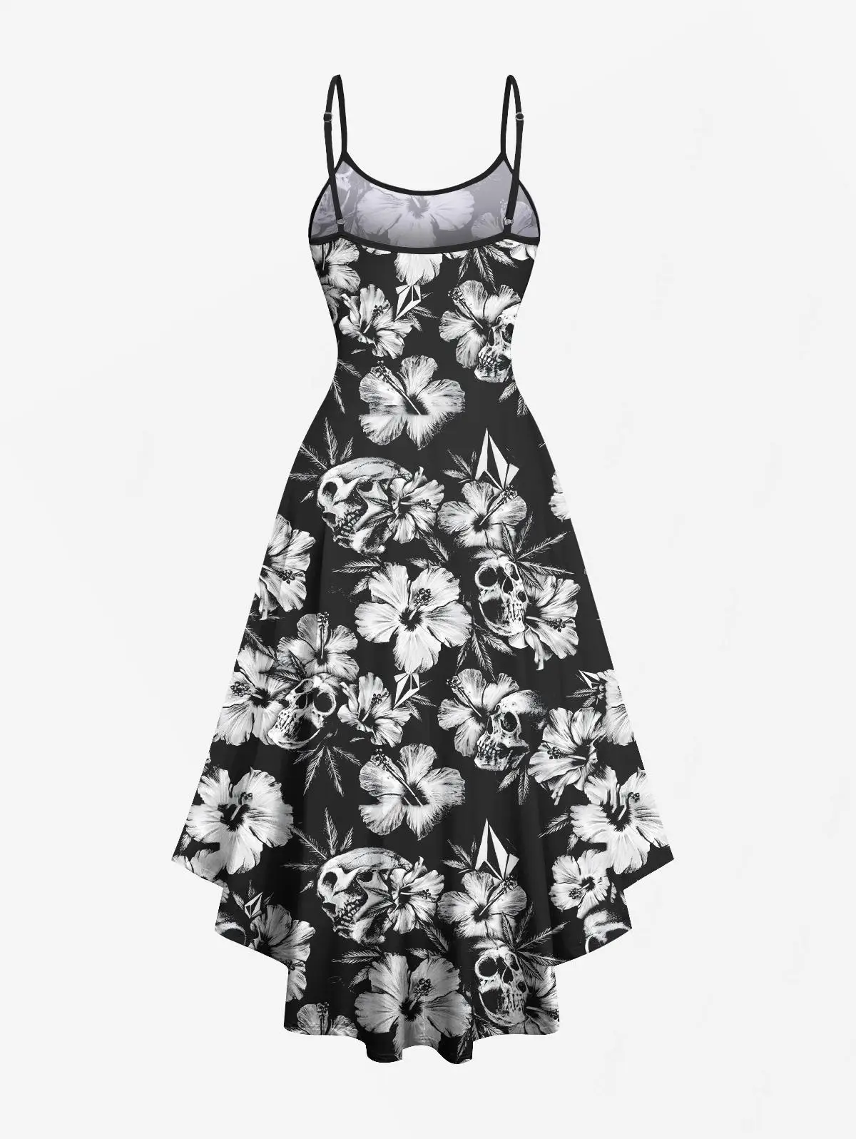 Tropical Flower Skulls Print High Low Cami Dress Women Summer Black Casual Sleeveless Vestidos Party Midi Dress Adjustable Strap