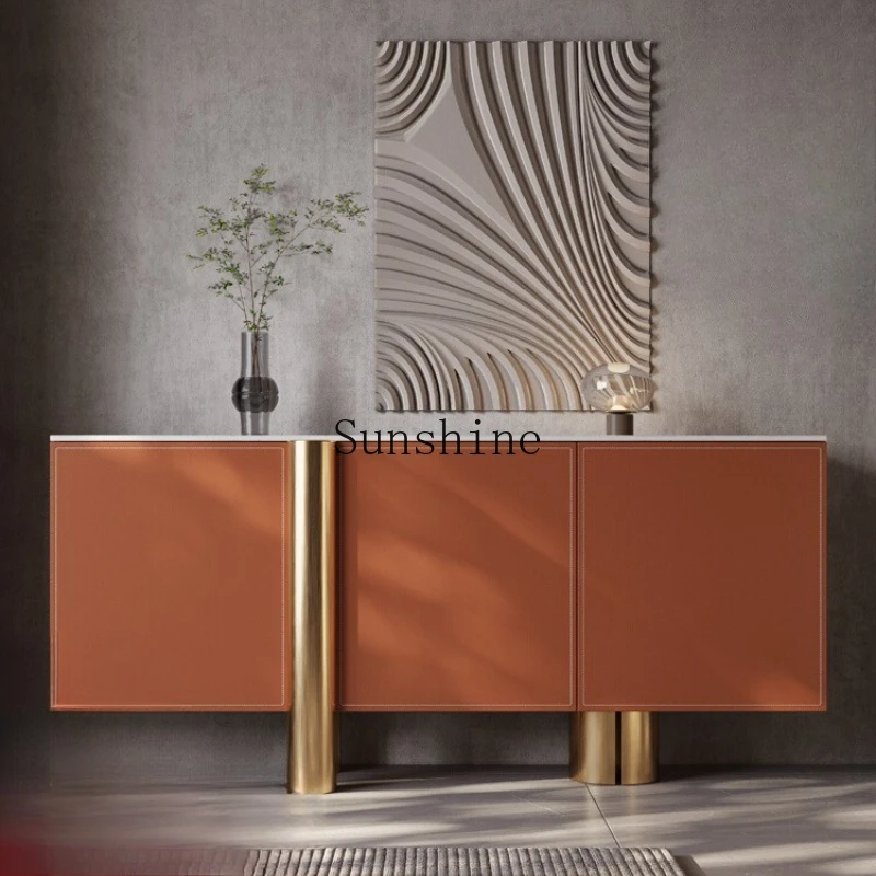 

The dining side cabinet is integrated against the wall, modern simple light luxury stainless steel rock slab