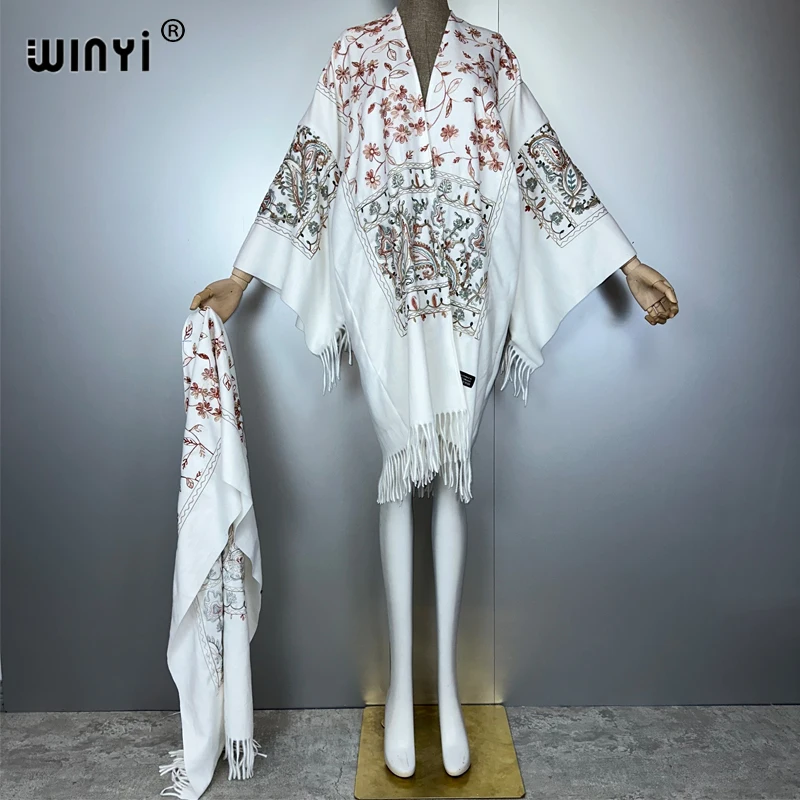 WINYI hiver femmes gland broderie Long manteau robe ample femme épais chaud Cardigan moyen-orient musulman kimono abaya dubaï luxe