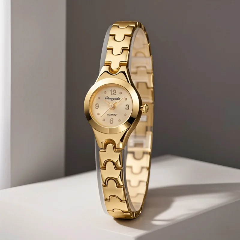 Ladies Small Round Gold Quartz Watch Elegant Metal Bracelet Wristwatch Minimalist Analog Dial Dress Watch For Women Jewelry Gift