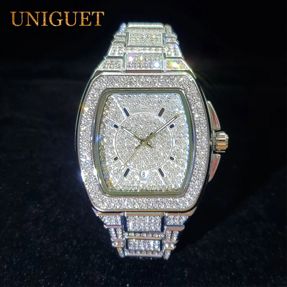 UNIGUET Tonneau Watches For Men Hip Hop Calendar Men's Quartz Watch Luxury Iced Out Fashion Diamond Wristwantches Dropshipping