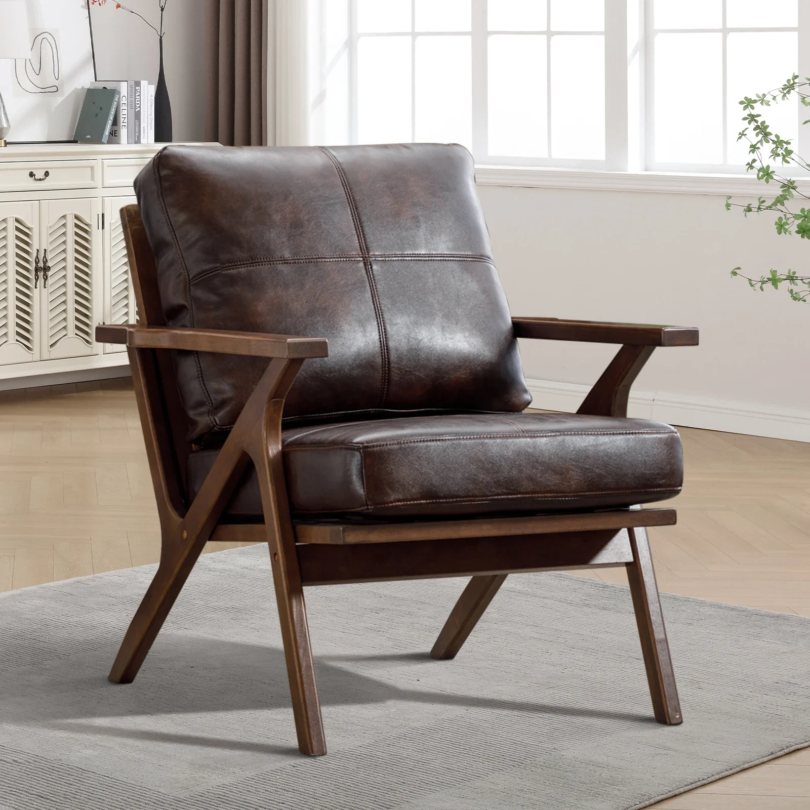 

For Chaise d'appoint avec cadre en bois, chaise en cuir PU avec coussins perfectionnés pour le salon
