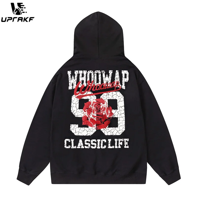 UPRAKF Letter Graphic Print Hoodie Streetwear Pullover Long Sleeve Front Pocket Autumn Hip Hop Fashion Casual Tops