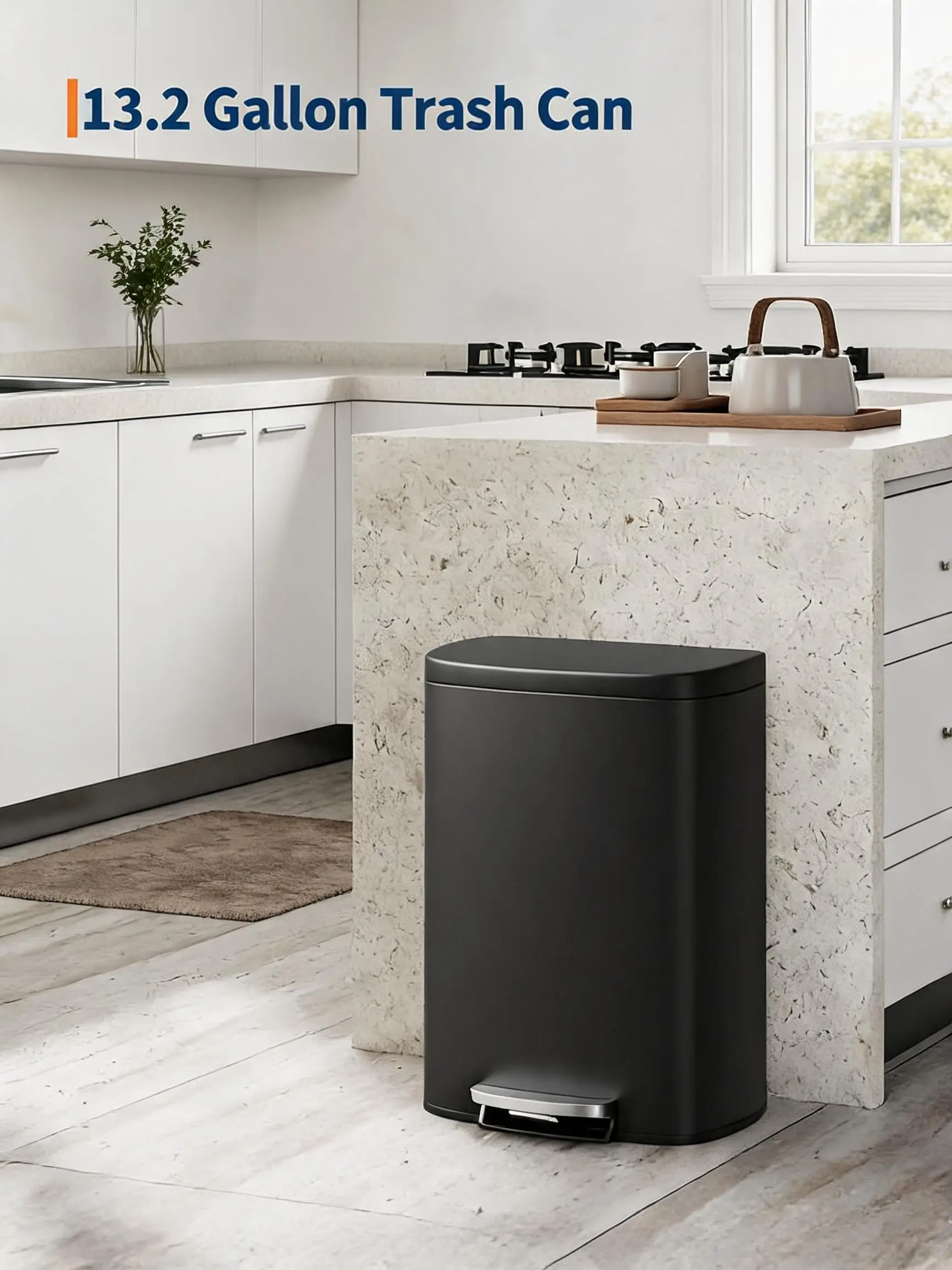 13 Gallon Stainless Steel Kitchen Trash Can with Soft-Close Lid, Step-On Pedal, Removable Inner Bucket & Odor Control – Rustproof Metal Waste Bin