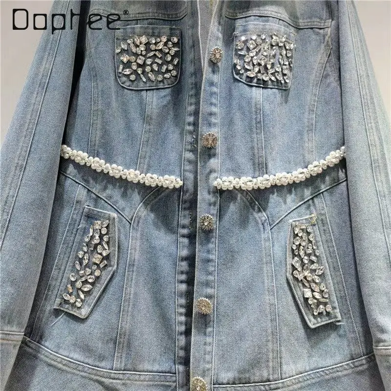 2026 Primavera Nuovo Pesante Perline Strass Moda Donna Casual Versatile Allentato Dimagrante Giacca a maniche lunghe Cappotto Giacca di jeans