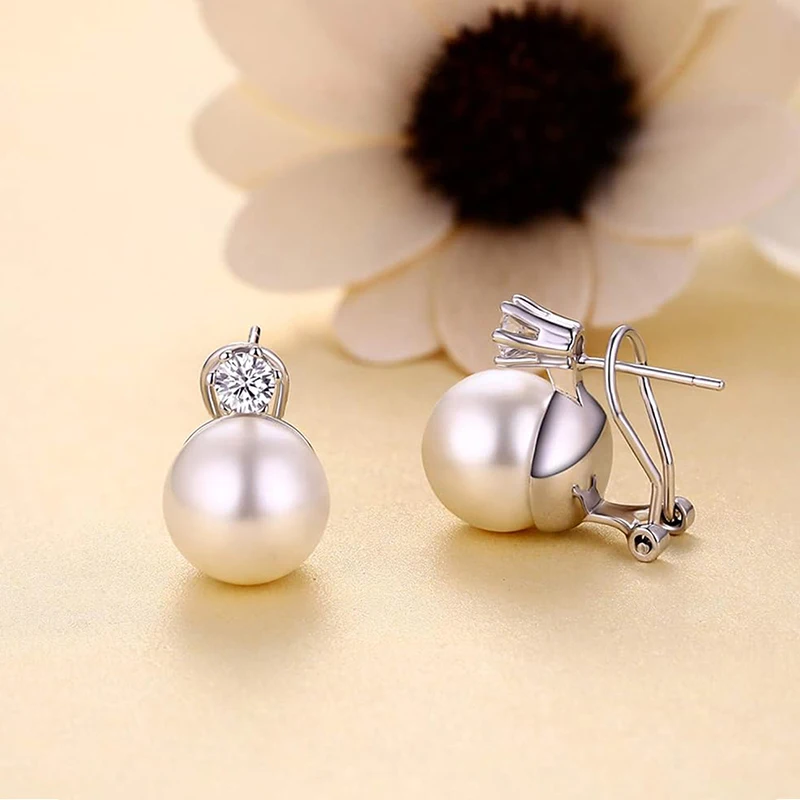 Huitan Trendy Korean Style Piercing Stud Earrings Women Graceful Simulated Pearl Jewelry for Engagement Shiny CZ Accessories