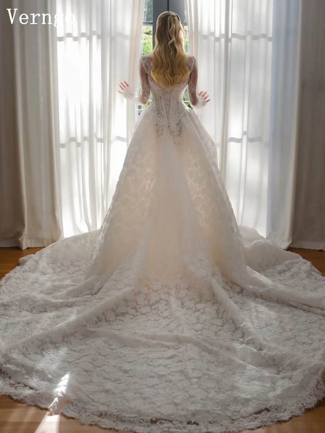 Picture 3: Verngo Luxury Lace Bridal Gowns High Neck A Line Ball Wedding Dress Elegant Sweetheart Lace Up Bride Dress Customized