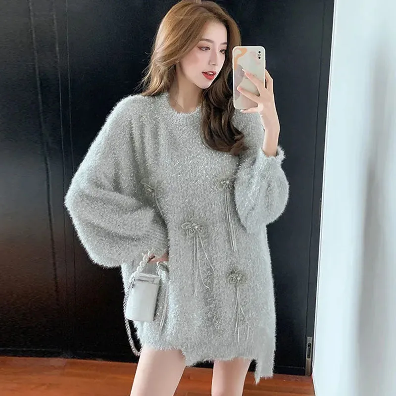 New Autumn Winter Korean Long Pullover Sweater Coat Women's Loose Fried Street Knitwear Design Sense Female Sweaters Outerwear