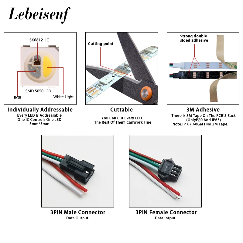 ไฟสายแอลอีดี SK6812 RGBW 5V นำแสงแถบยืดหยุ่น30 60 144 les/ M แยกที่อยู่ได้ในตัว6812 IC 4 in 1 COLOUR