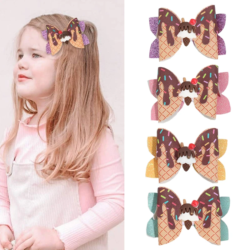 

New Ice Cream Cupcake Hair Clip For Kids Girl Cute Glitter Bows Cone Donuts Hairpins Barrette Children Headwear hair Accessories