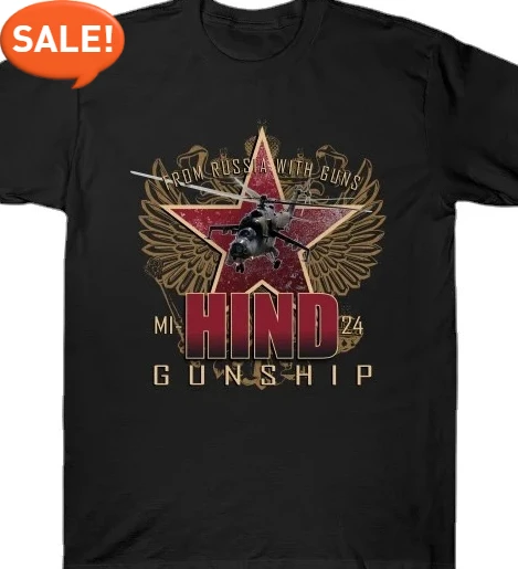 

Soviet Military Equipment Russian MI-24 Hind Helicopter Gunship T-Shirt. Summer Cotton Short Sleeve O-Neck Men's T Shirt New