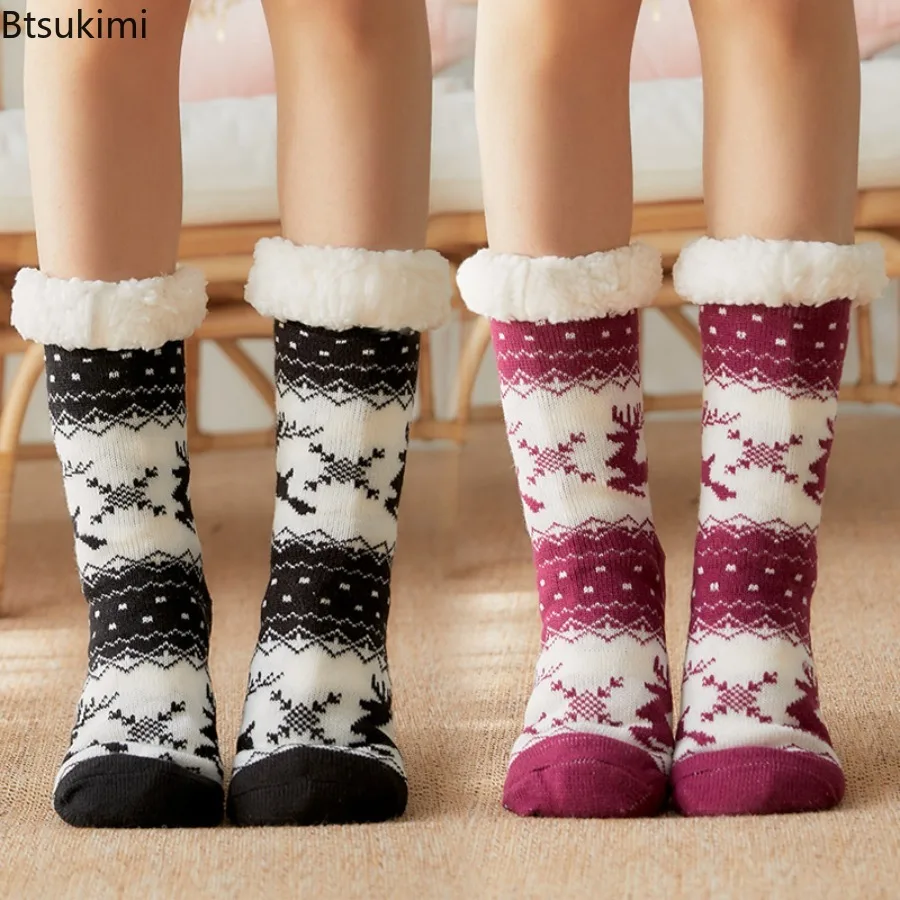 

Christmas Gift Slippers Socks Women's Winter Plush Soft Fuzzy Floor Female Fluffy Designer Silicone Anti-slip Grip Sock Deer Elk