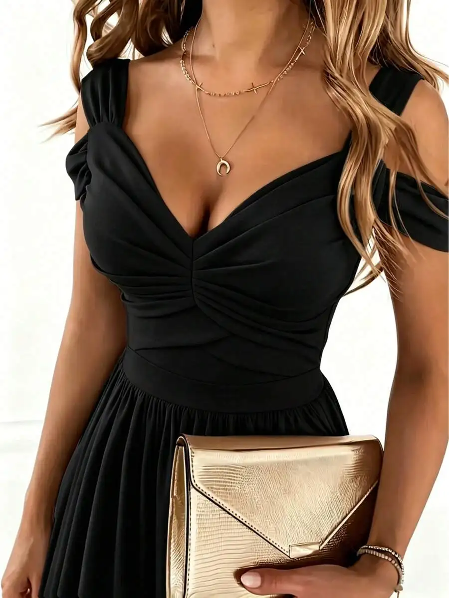 

Womens Elegant V-Neck Off-Shoulder Sleeveless Pleated Front Dress For Evening Party Wedding Guest