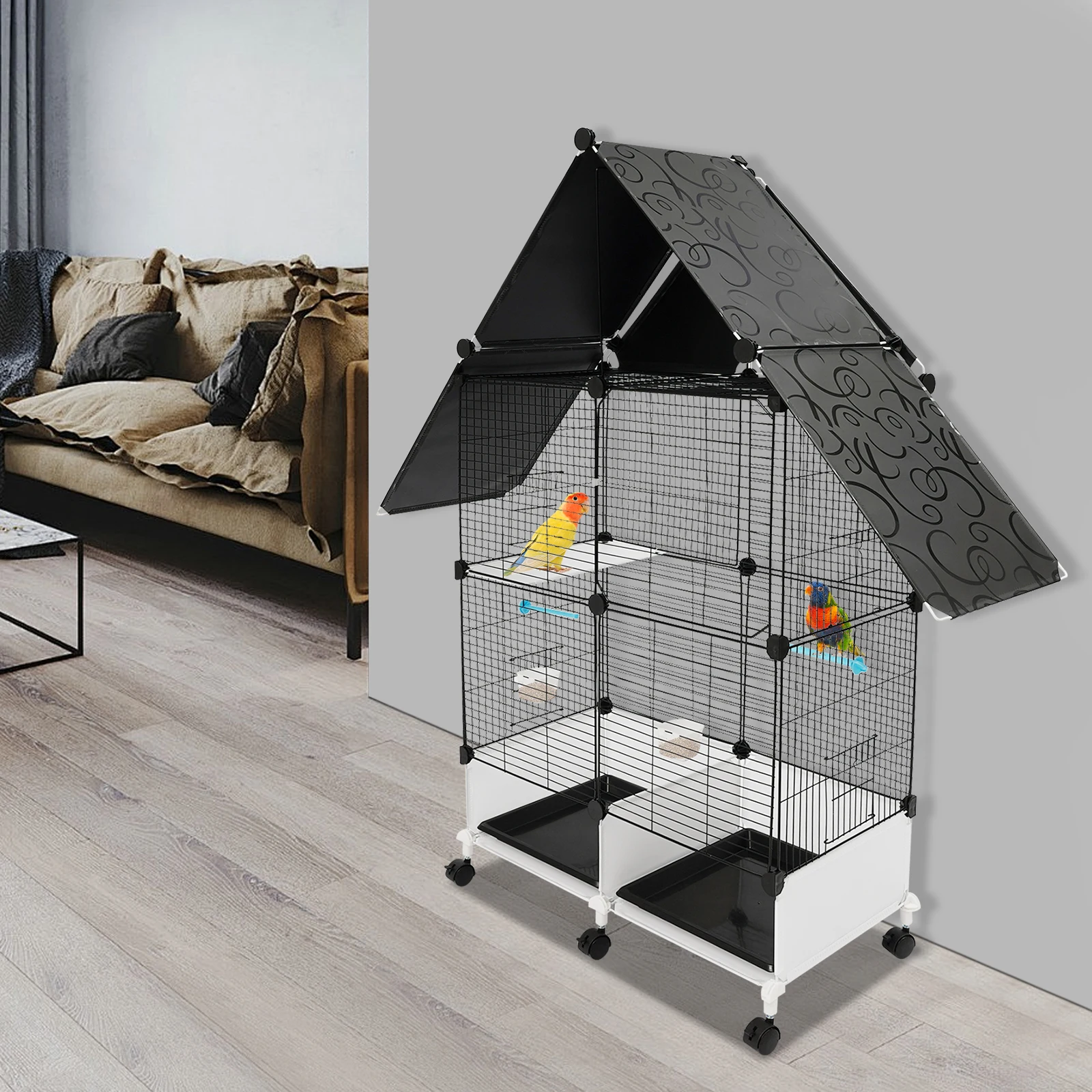 

Black Large Bird Cage with Wheels - 2-Tier Anti-Escape Bird Cage, Villa Style, Food & Water Bowls Included