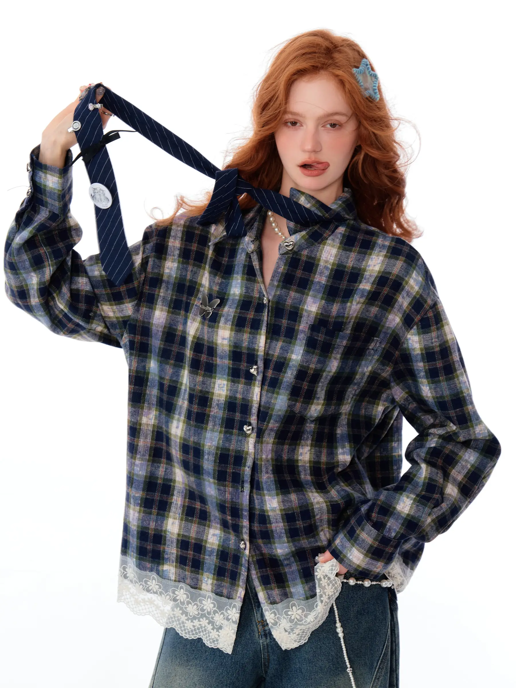 

ZiziFei American Design Lace Splicing Loose Plaid irt Coat Women's Autumn Winter High Sensation Blue Plaid Long Sve ...