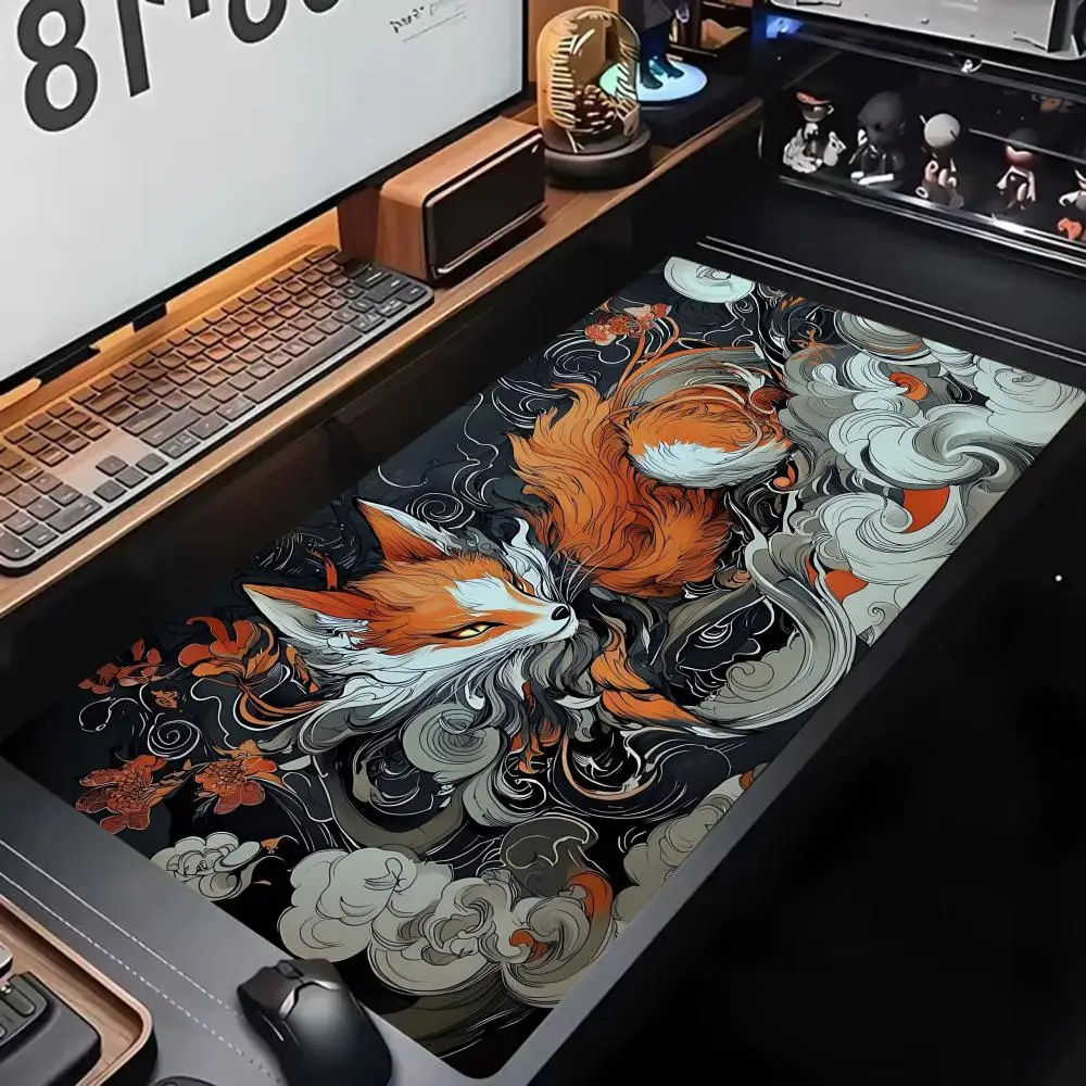 Chinese Style Fox Gaming Mouse Pad Large Desk Mat Non-Slip Rubber Base Locked Edge, Smooth Surface Office Home Gamer Desk Decor