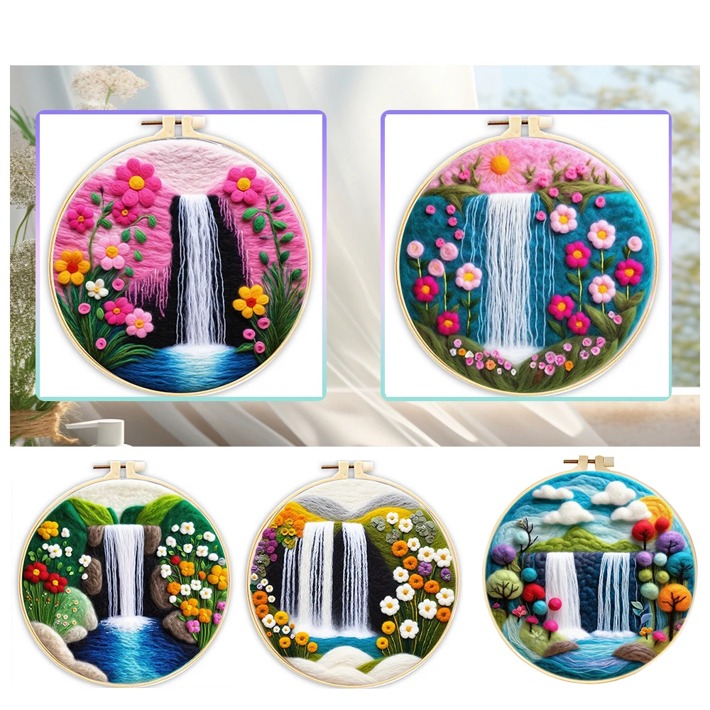 GATYZTORY Waterfall Landscape Wool Felting Painting Frame DIY Wool Embroidery Kit Funny Wool Needle Felt Picture Kit Craft Paint