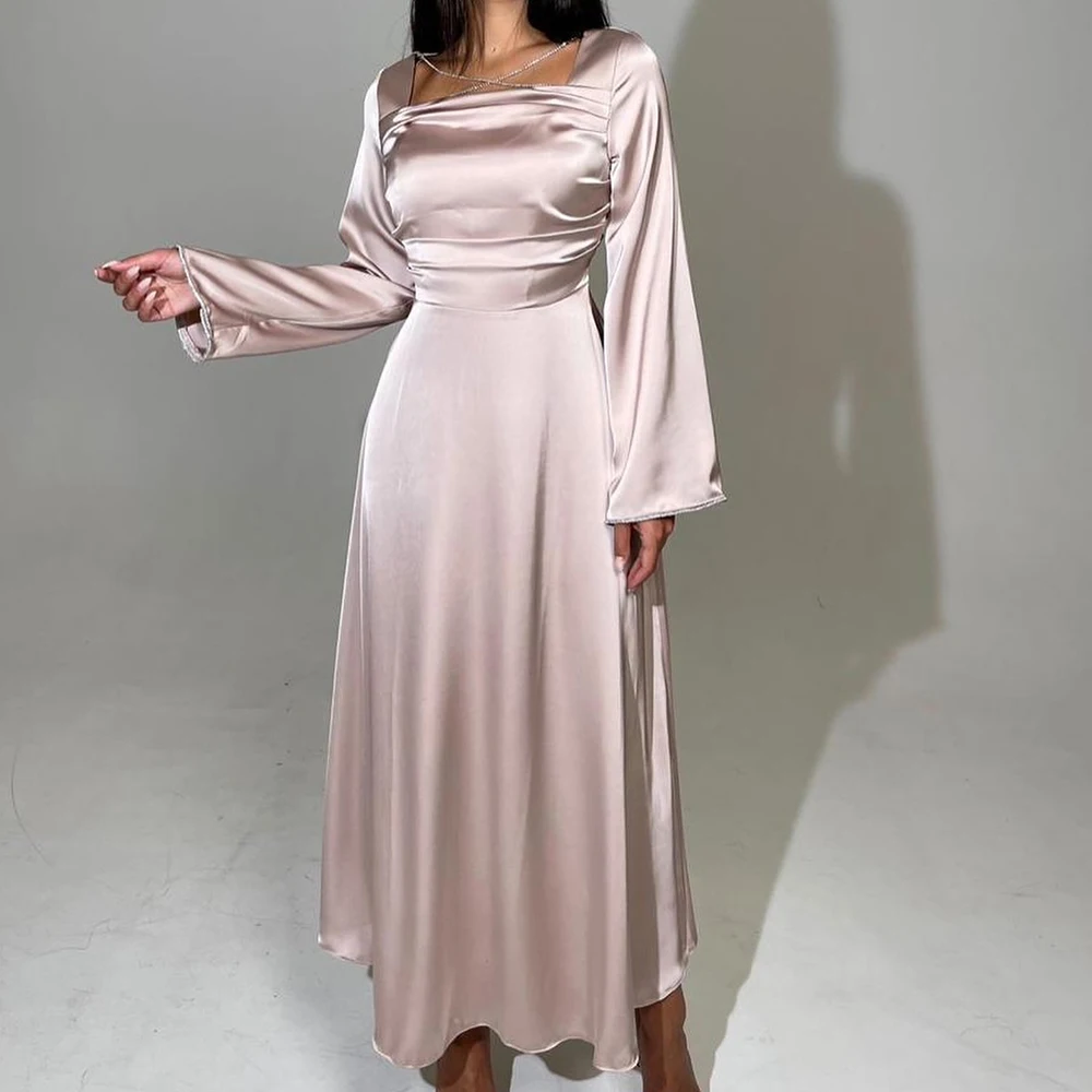 

A-Line Square Neck Satin Flare Long Sleeves Graceful and Temperament Evening Dresses Sequined Crystal Pleats Saudi Arabia 2024