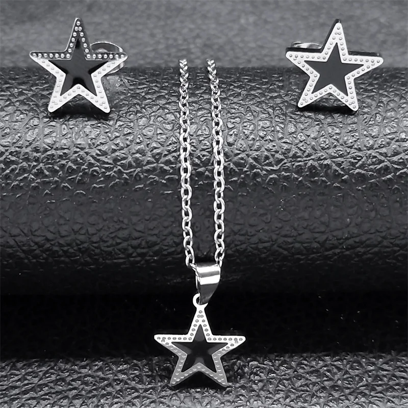 

Fashion Star Pendant Necklace Stud Earring Set for Women Stainless Steel Black Sliver Color Christmas Gift Jewelry Sets SXS7