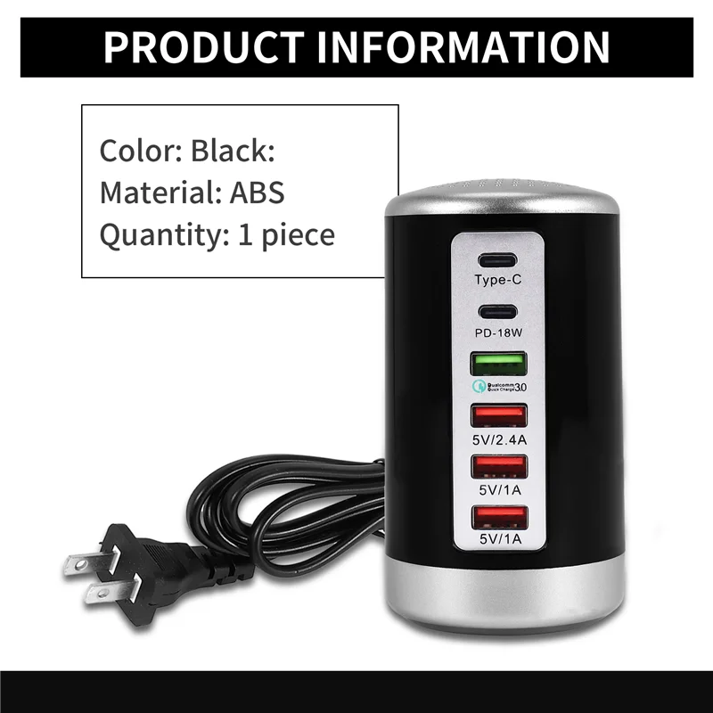 HFES 65 واط USB شاحن سريع محور شحن سريع QC3.0 متعدد 6 منافذ USB نوع C PD شاحن محطة شحن الولايات المتحدة التوصيل