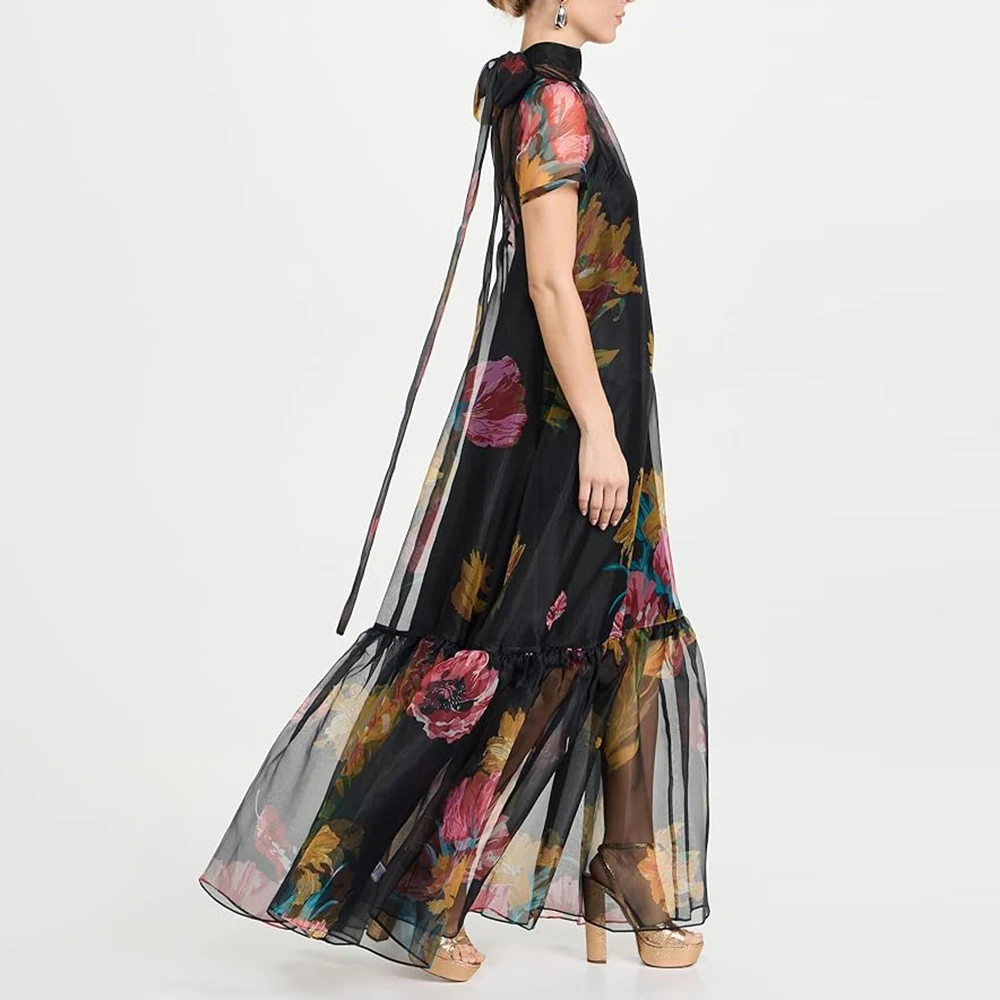 TWOTWINSTYLE, vestidos elegantes holgados con estampado empalmado para mujer, cuello redondo, manga corta, vestido con pliegues de malla de retales para mujer