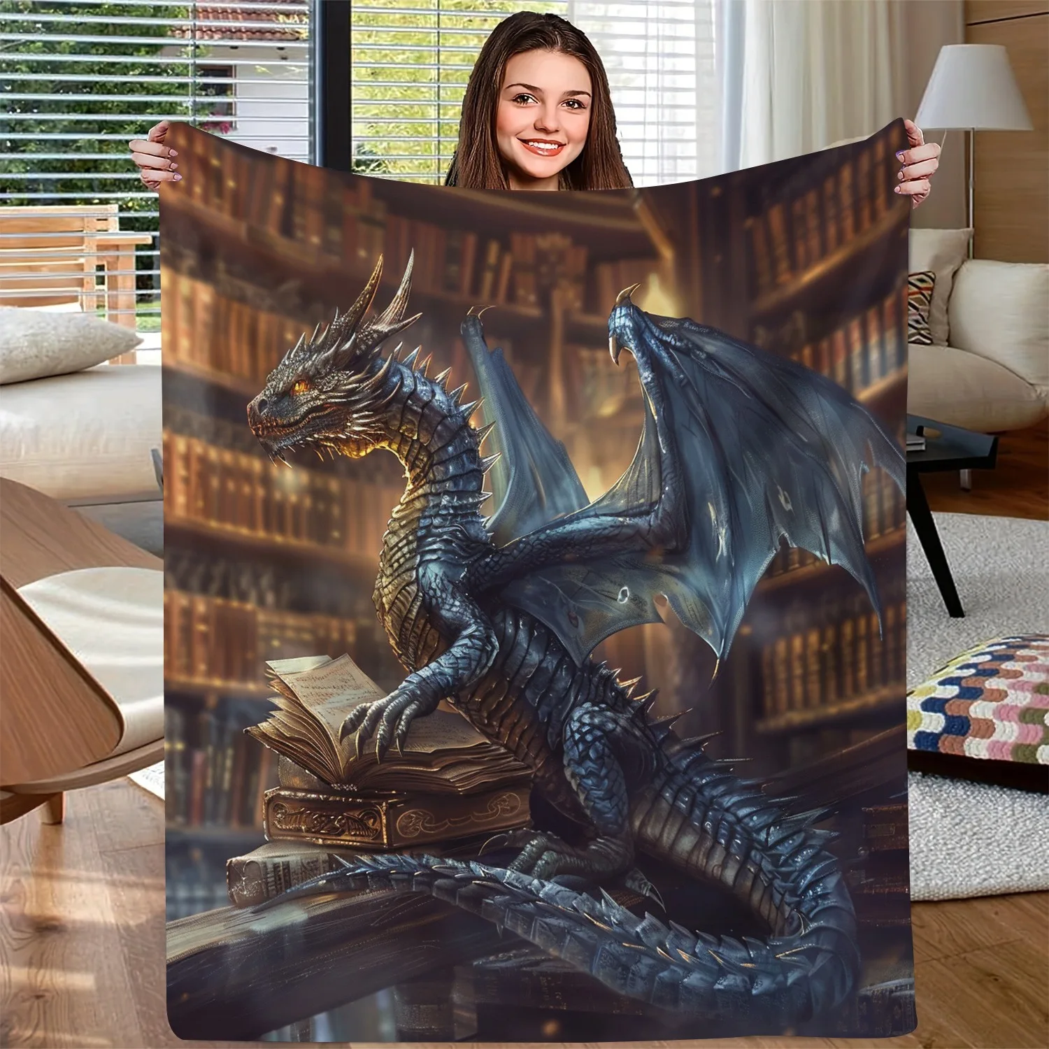 

Одеяло Scholarly Dark Blue Dragon с зачарованным библиотечным узором, уютное покрывало для дивана-кровати для химерного современного домашнего декора