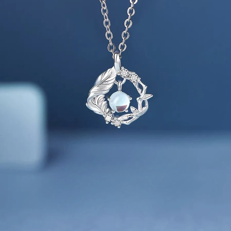 

Shiny Sterling Silver Blue Crystal Eucalyptus Branches and Bird Feathers Pendant Necklace for Women Jewelry Valentine's Day Gift