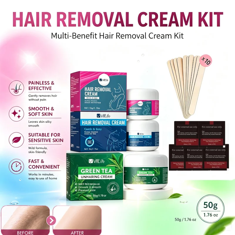 Viilife Home Depilatory Cream Kit with 10 Applicators 5 After‑care Wipes, Gentle Hair Removal for Leg Underarm Unisex