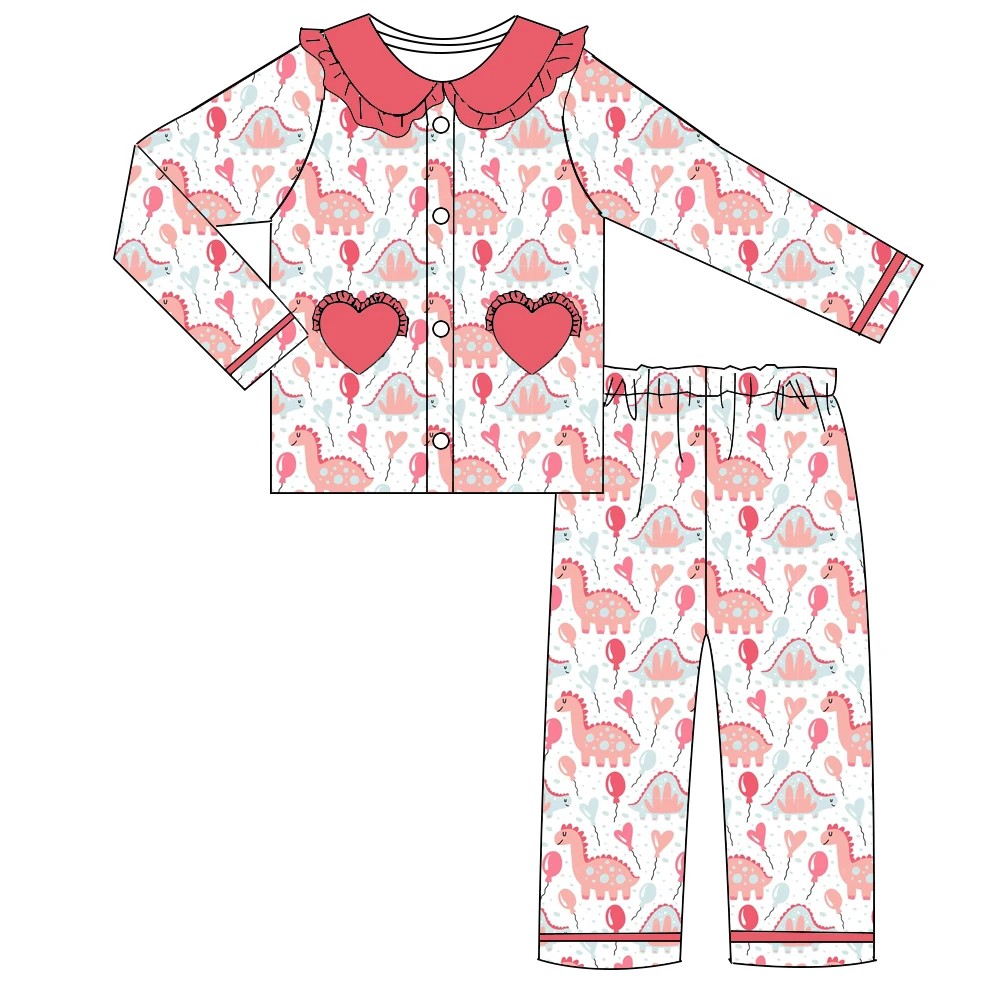 Valentine's Day Boutique Children's Set Short Sleeve Elastic Dinosaur Love Balloon Print pants Elastic Girl Boy Set Pajamas Set