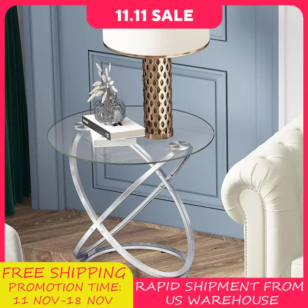 

Glass Round End Table, Modern Contemporary Side Table for Small Space with Tempered Glass Tabletop For Living Room Chrome Finish