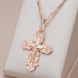 Kinel Luxury 585 Rose Gold Color Cross Pendant Necklace For Women Men Orthodox Church Jesus Glossy Charm Daily Fine Jewelry