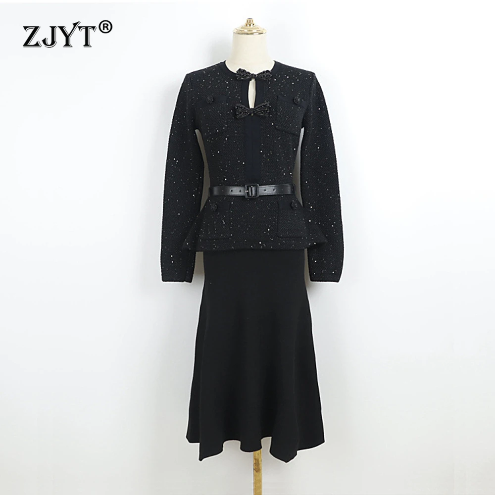 

ZJYT Fall Winter Fashion Pearls Bowknot Knitting Sweater Dresses for Women Long Sleeve Ruffles Patchwork Midi Party Dress Black