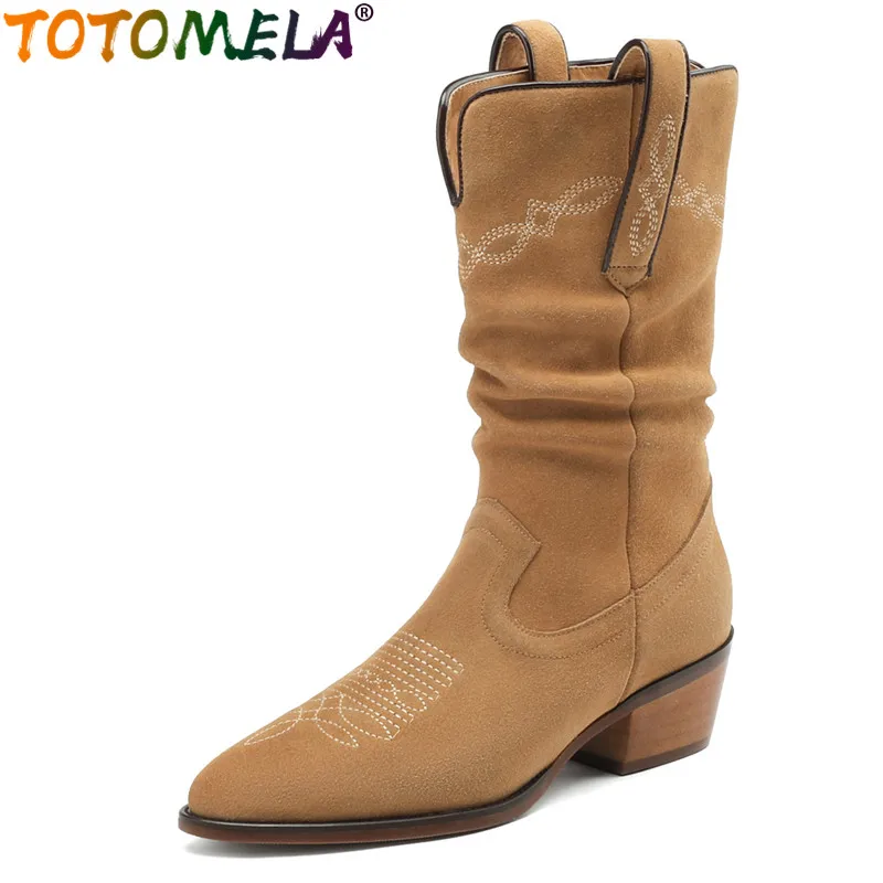 

TOTOMELA 2024 New Fashion Female Slip On Western Boots Cow Suede Leather Mid Calf Boots Square Med Heels Women Shoes