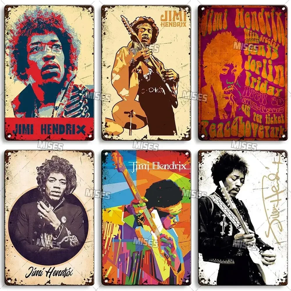 Póster de Metal Vintage de guitarrista Jimi Hendrix, letrero de estaño de música Retro, arte de pared para hombre, cueva, cocina, cafetería, decoración del hogar, arte de pared