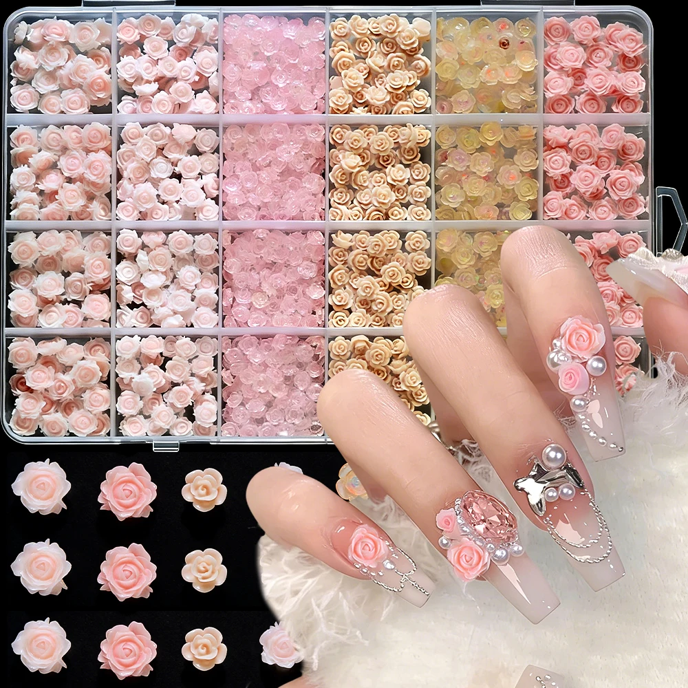 24Grids Mixed Colorful Resin Rose Flower NailCharm Cherry Pink Champagne Golden Resin Floret NailDecor DIY Sweet Flower NailPart