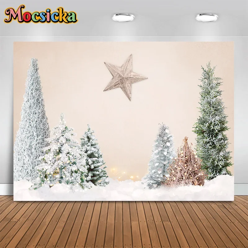 

Mocsicka Xmas Photography Background Christmas Tree Snow Stars Backdrop Baby Shower Birthday Party New Year Portrait Studio