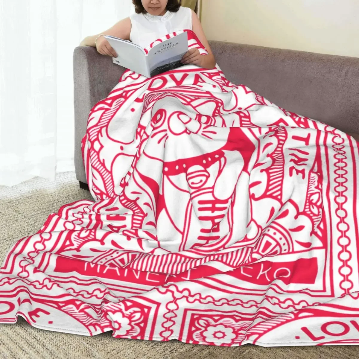 Maneki Neko Stamp Blanket Cover Fleece Japan Lucky Cat Fortune Cat Super Soft Throw Blanket for Bed Bed Rug