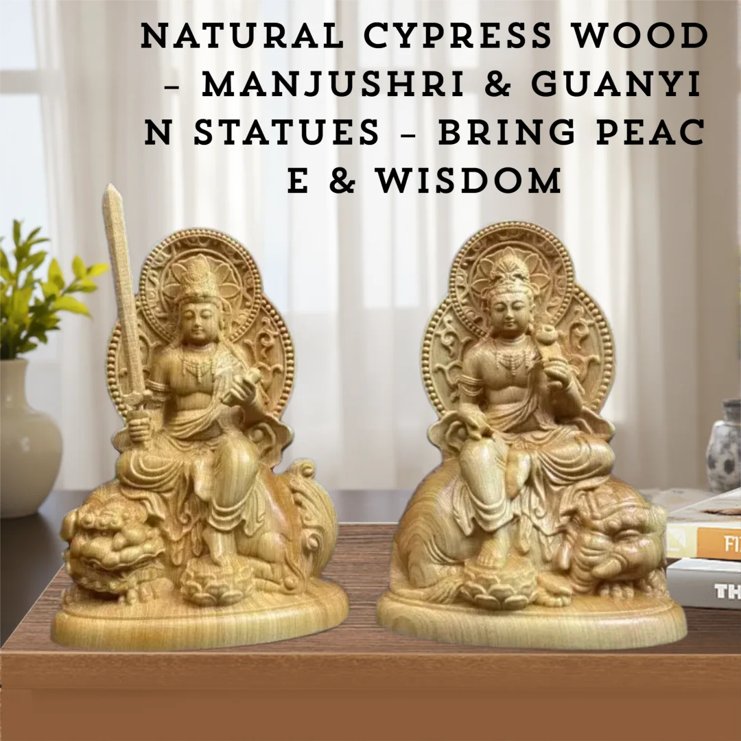 2PCS Hand-Carved Wooden Bodhisattva Statue, 10cm Buddha Riding Beast, Solid Wood Feng Shui Decor for Home Office Gift