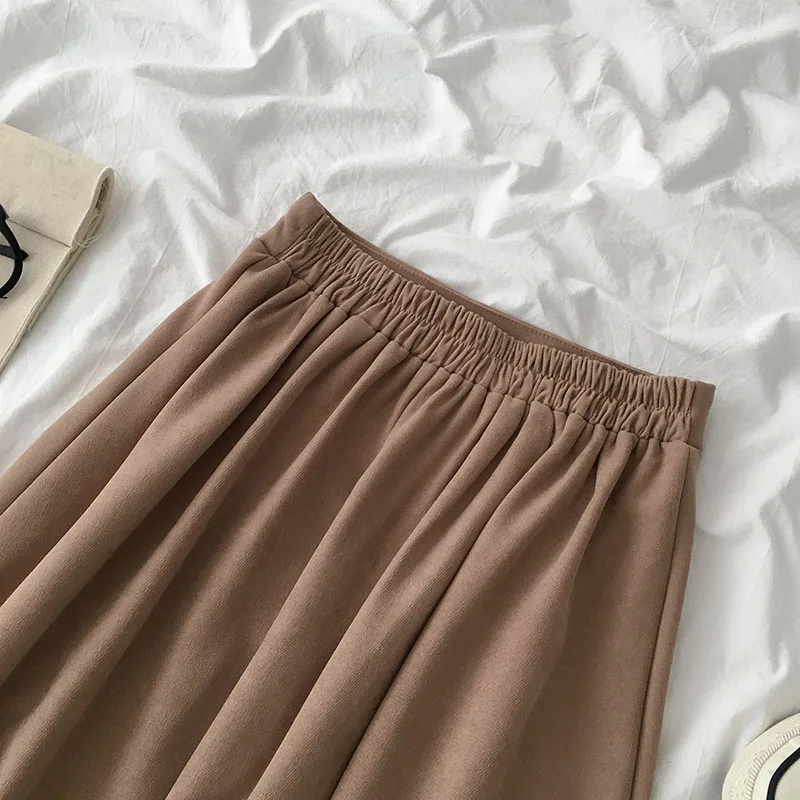 Elastische Halfbody Rok Met Hoge Taille Zomerse Koreaanse Effen Kleur Veelzijdige Losse A-Lijn Middellange Rokken Met Knopen