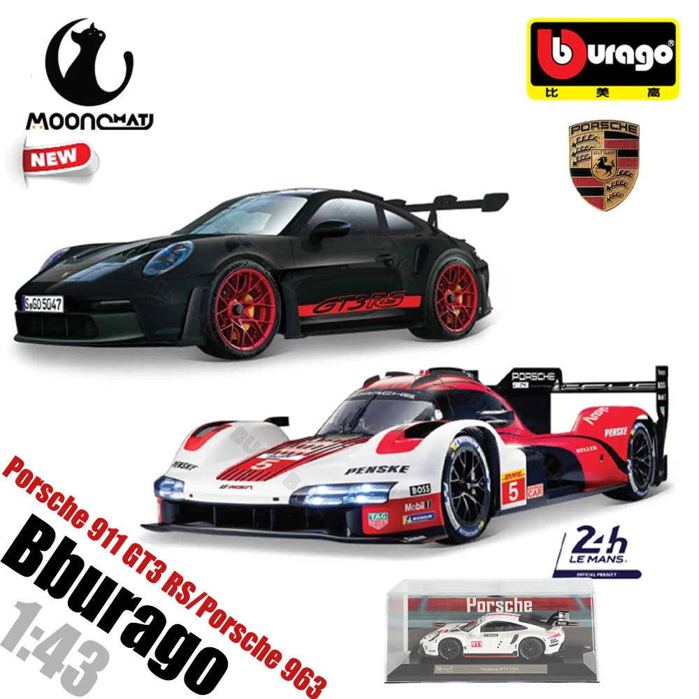 متوفر 1:43 Bburago Porsche 911 GT3 RS غطاء غبار بورش 963 صندوق أكريليك 24 ساعة لو مان بطل رالي سبيكة سيارة لعبة مجسمة هدية